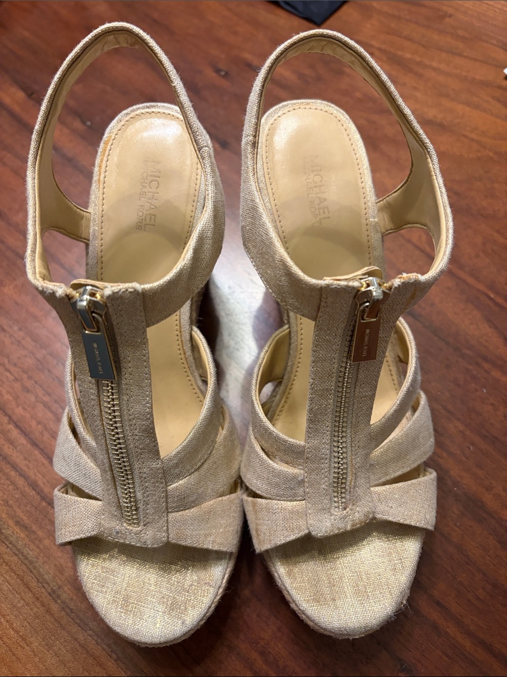 Michael Kors Beige Gold-Tone Zip Front Slingback Heels